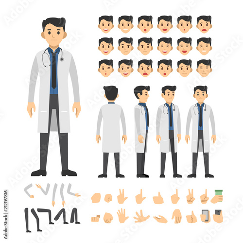 doctor man character set. Full length. Different view, emotion, gesture.
