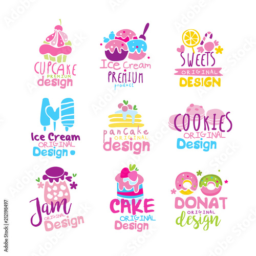 Sweets logo original design set, kids menu badges, premium natural organic food hand drawn vector Illustrations on a white background