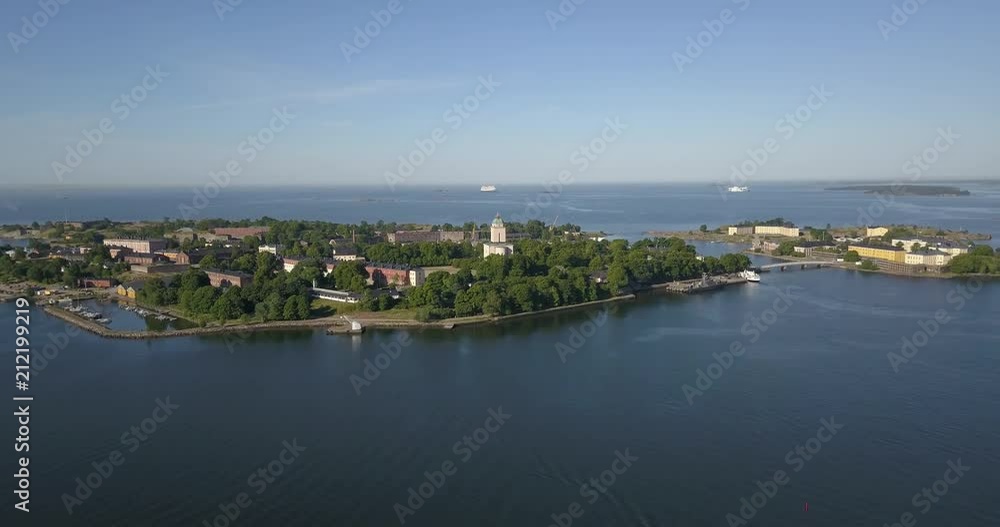 4K high quality summer morning aerial video of Helsinki Baltic Sea Finnish Bay lagoon area, sea skyline, Suomenlinna Island with forts and cannons near the capital of Finland Suomi, northern Europe