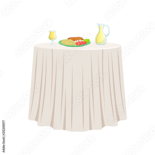 Delicious food on round restaurant table with white tablecloth vector Illustration on a white background