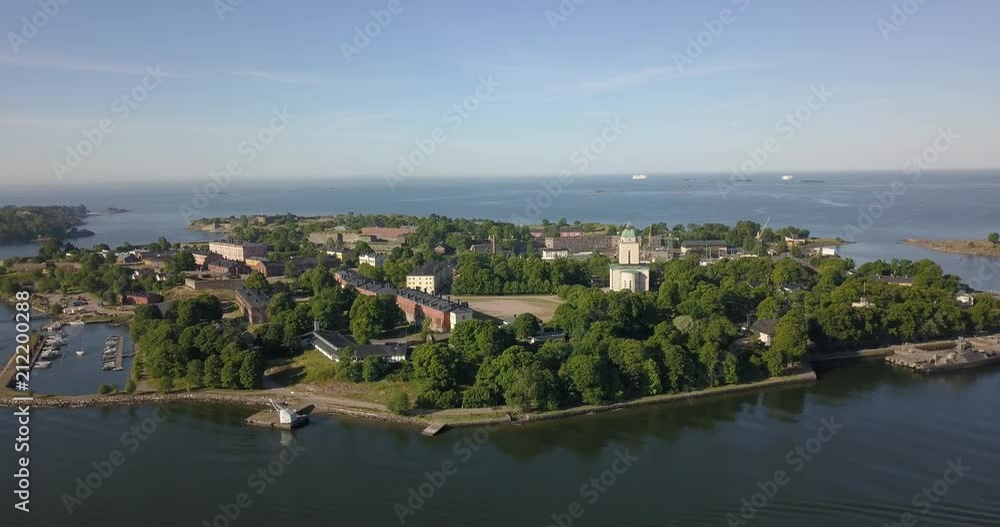4K high quality summer morning aerial video of Helsinki Baltic Sea Finnish Bay lagoon area, sea skyline, Suomenlinna Island with forts and cannons near the capital of Finland Suomi, northern Europe 4K high quality summer morning aerial video of Helsinki Baltic Sea Finnish Bay lagoon area, sea skyline, Suomenlinna Island with forts and cannons near the capital of Finland Suomi, northern Europe