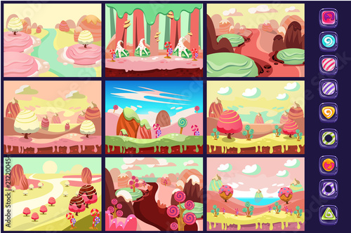 Candy land, collection of fairy tale landscapes, details for computers game interface vector Illustrations