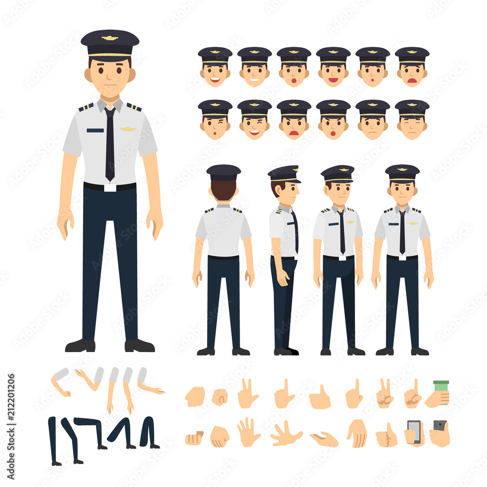 pilot character set. Full length. Different view, emotion, gesture.
