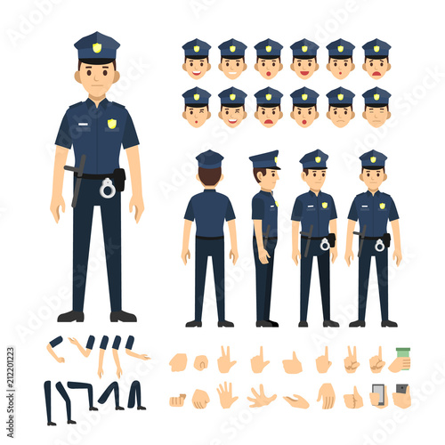 police man character set. Full length. Different view, emotion, gesture.
