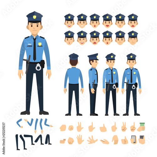 police man character set. Full length. Different view, emotion, gesture.
