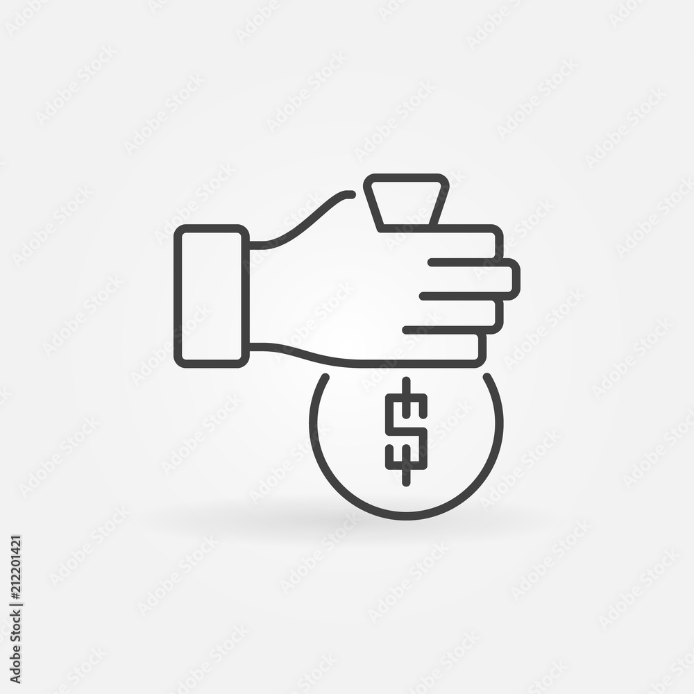 Hand with money bag vector outline icon or design element Hand with money bag vector outline icon or design element