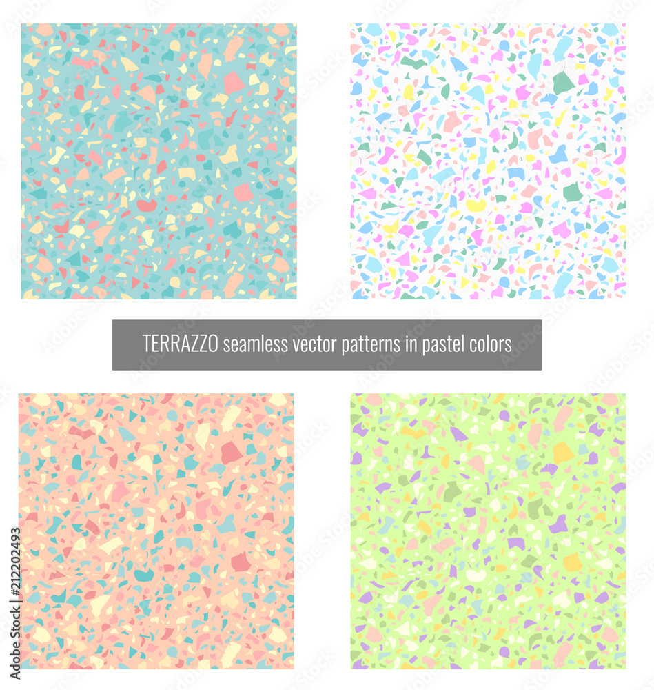 Collection of 4 TERRAZZO seamless vector patterns in pastel colors