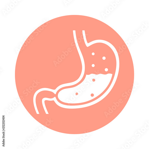 Stomach human graphic icon. Sign stomach with stomach gas and gastric acid. Medical symbol in the circle isolated on white background. Vector illustration