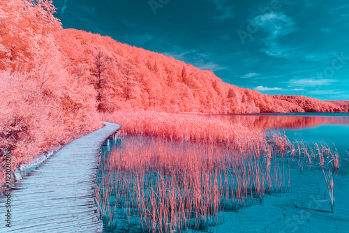 Plitvice Lakes National Park in technicolor blue and pink, Croatia