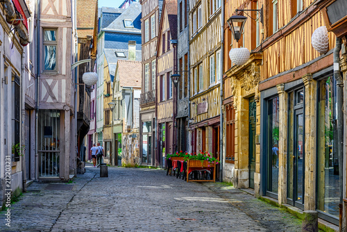 Cozy street with timber framing houses in Rouen  Normandy  France