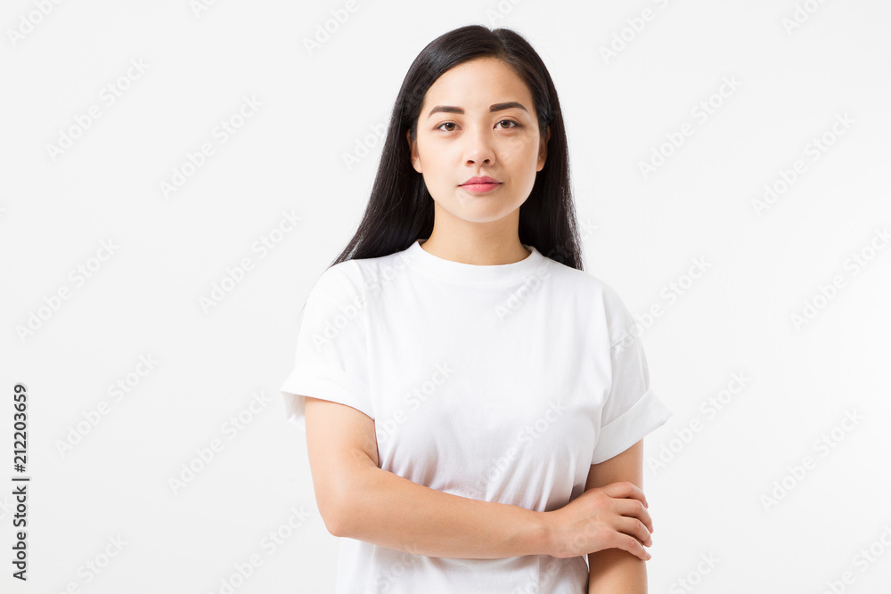 Young asian girl isolated on white background. Copy space. Mock up. Summer woman clothes blank template white t shirt. Young asian girl isolated on white background. Copy space. Mock up. Summer woman clothes blank template white t shirt.