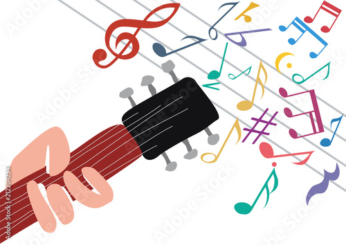 Music festival poster, with hand and guitar.  Retro vector background, copy space