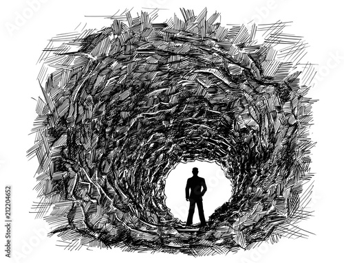 Vector artistic pen and ink drawing illustration of dark rough cave tunnel in rock.Silhouette or man or businessman standing in light at the end. Business concept.