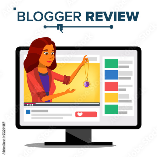 Fashion Video Blogger Vector. Blog Channel. Woman Popular Video Streamer Blogger. Recording. Review Concept. Online Live Broadcast. Illustration