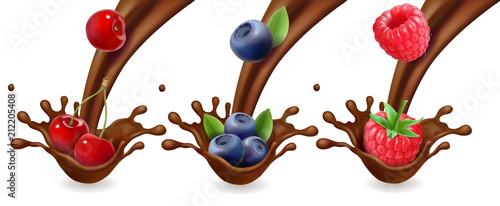 Berries in liquid chocolate splash. Blueberry, cherry, raspberry