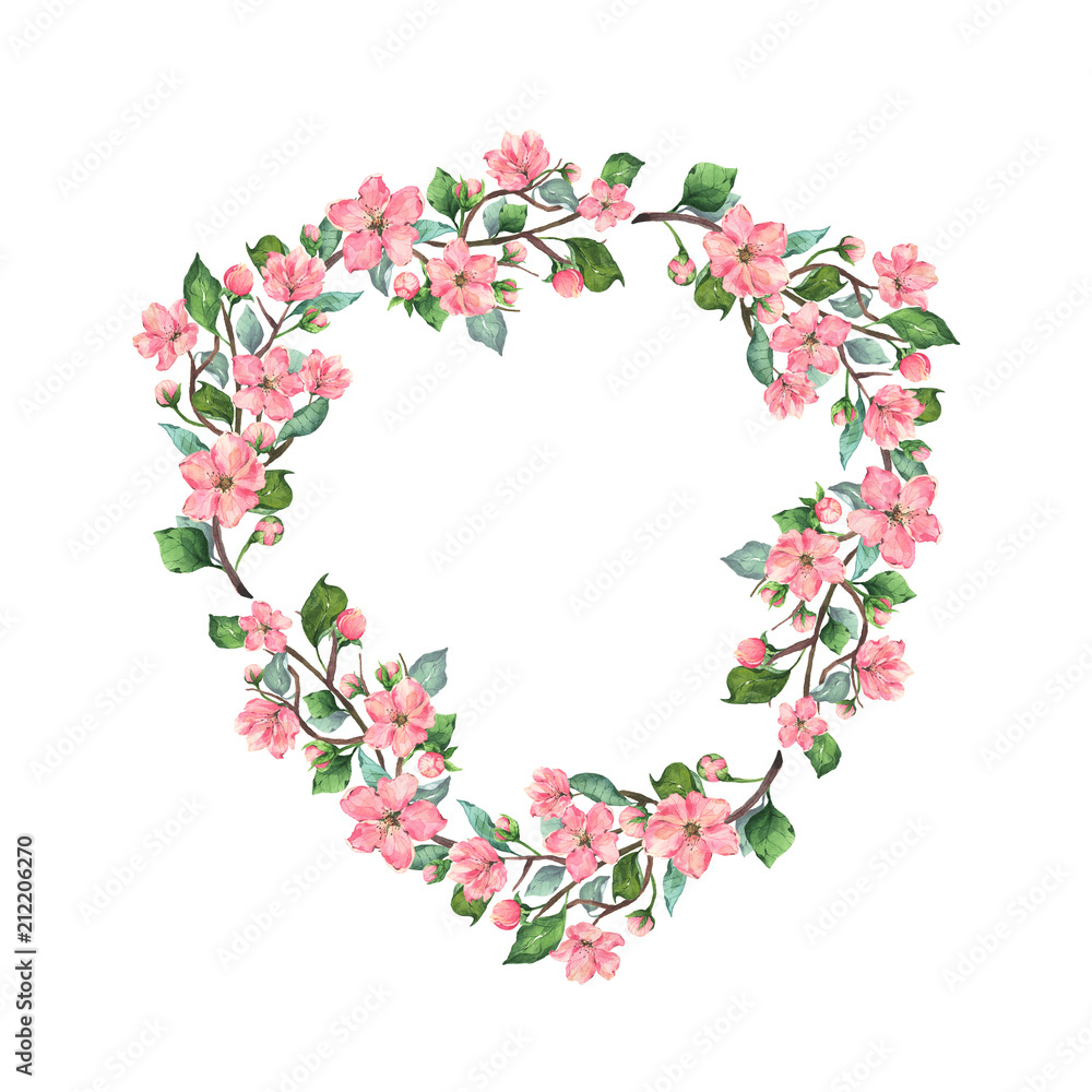 Watercolor illustration of a triangle wreath created of blooming cherry branches with glowers, buds and leaves