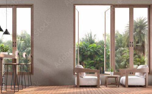 Fototapeta Naklejka Na Ścianę i Meble -  Modern contemporary living and dining room 3d render,There are wooden floor furnished with fabric and wood furniture,There are large open window overlooking to garden view.