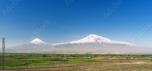Khor Virap monastery on background of mount Ararat in Armenia, long wide width banner photo
