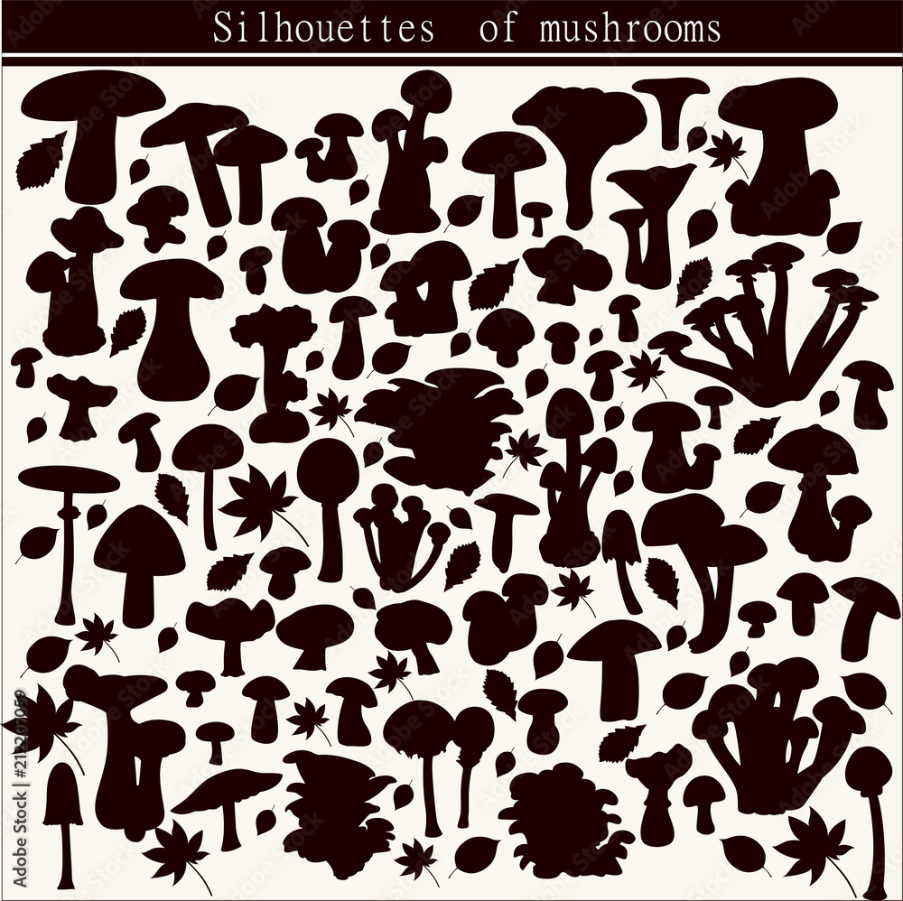 Vector mushroom silhouettes set with autumn leaves Vector mushroom silhouettes set with autumn leaves