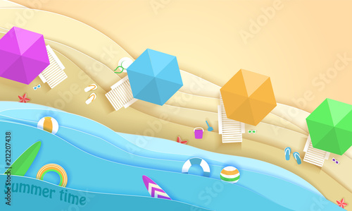 Tropical beach in paper art style. Vector top view paper cut illustration. Summer holiday concept poster template. Craft origami.