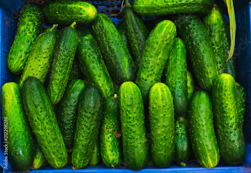 Green fresh cucumbers in a basket in the window of a small vegetable market.
