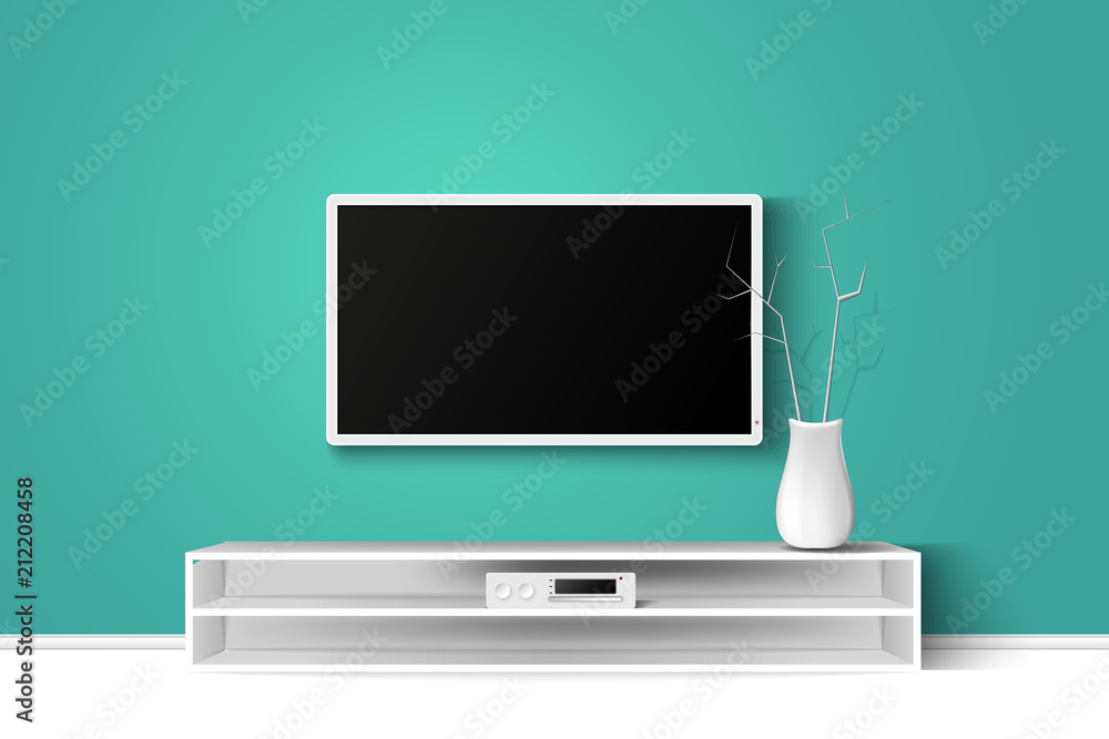 Vecteur Stock Vector 3d illustration of LED TV stand on a wooden table.  House living room modern interior design. Copy space template. | Adobe Stock