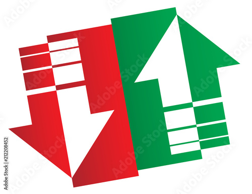 Stock market logo. Simple up and down arrows. Upward, downward arrows in green and red isolated on white background. Flat style eps 10 vector illustration.