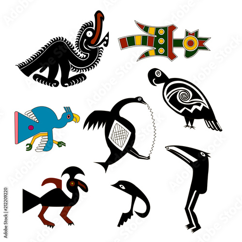 Cock, parrot, vulture, goose - set of birds.  Ethnic patterns of Native Americans: the Aztec, Inca, Maya, Alaska Indians (Mexico, Ecuador, Peru). Drawing in the Mexican style.