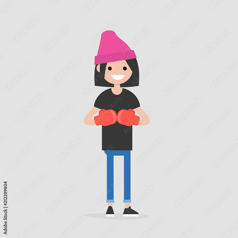 Young character wearing the red boxer gloves. Defence concept. Flat editable vector illustration, clip art