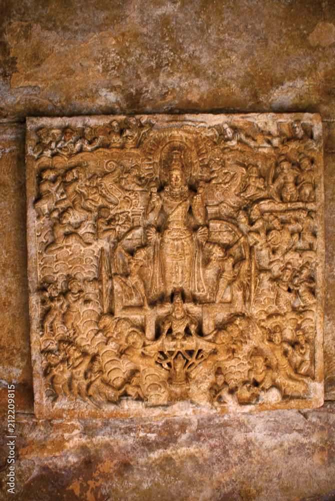 A large panel of the Surya, the Sun God. East entrance ceiling, Virupaksha Temple, Pattadakal temple complex, Pattadakal, Karnataka, India