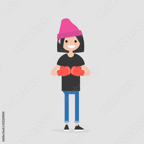 Young character wearing the red boxer gloves. Defence concept. Flat editable vector illustration, clip art