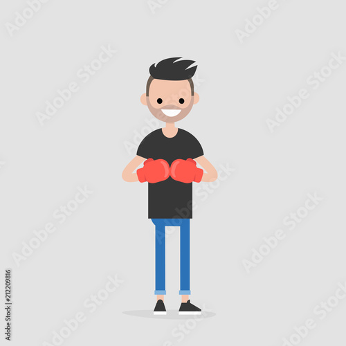 Young character wearing the red boxer gloves. Defence concept. Flat editable vector illustration, clip art