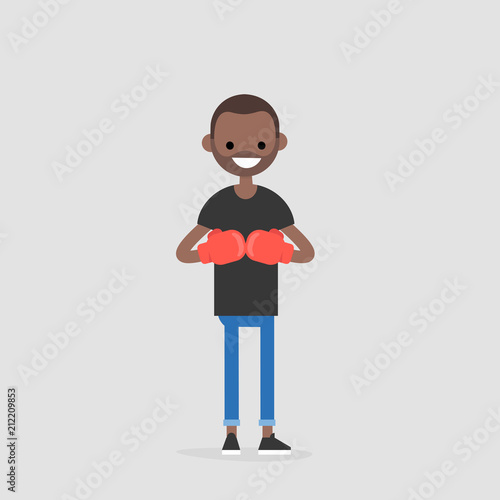Young character wearing the red boxer gloves. Defence concept. Flat editable vector illustration, clip art