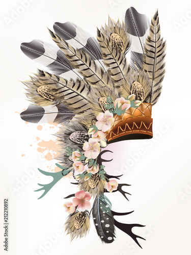 Boho illustration with headdress from feathers tribal vector. Ideal for T-shirt prints