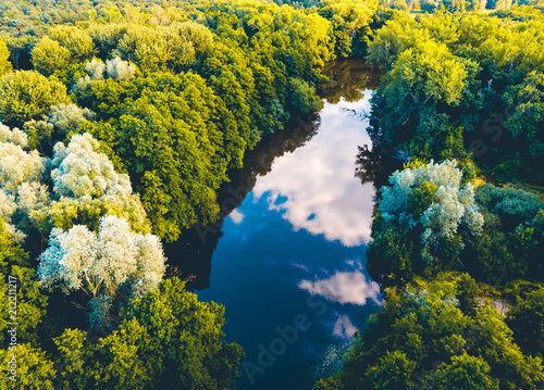 small lake in a forest with cloud reflections in the water