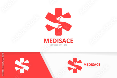 Vector ambulance and hands logo combination. Medic and hug symbol or icon. Unique emergency and embrace logotype design template.