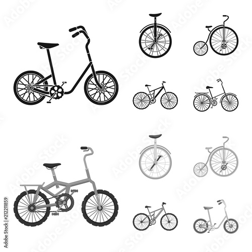 Retro, unicycle and other kinds.Different bicycles set collection icons in black,monochrome style vector symbol stock illustration web.