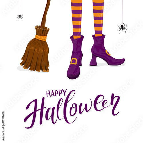 Happy Halloween with witches legs in purple shoes and broom