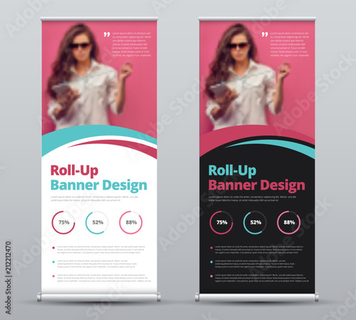 Vector design of roll-up banner with blue and pink elements and place for photo