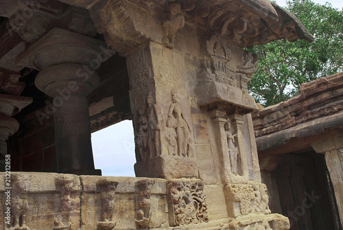 Carved figures of amorous couple on the pillars of Nandi mandapa, Virupaksha Temple, Pattadakal temple complex, Pattadakal, Karnataka photo