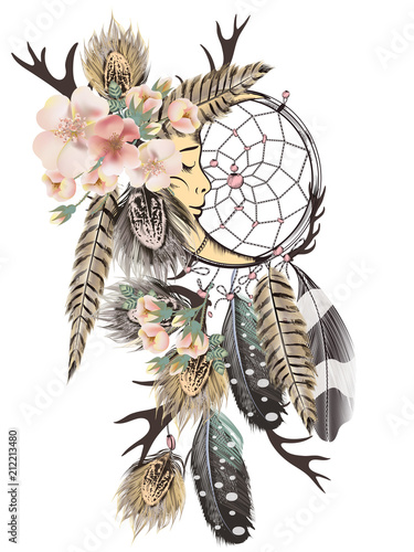 Fashion vector bohemian dreamcatcher with feathers and wild roses
