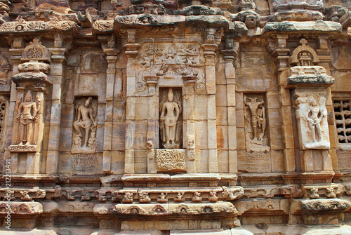 Carved figures of various forms of Shiva, and the Devakoshthas, exterior view of the sourhern wall. Virupaksha temple, Pattadakal temple complex, Pattadakal, Karnataka. South view. photo