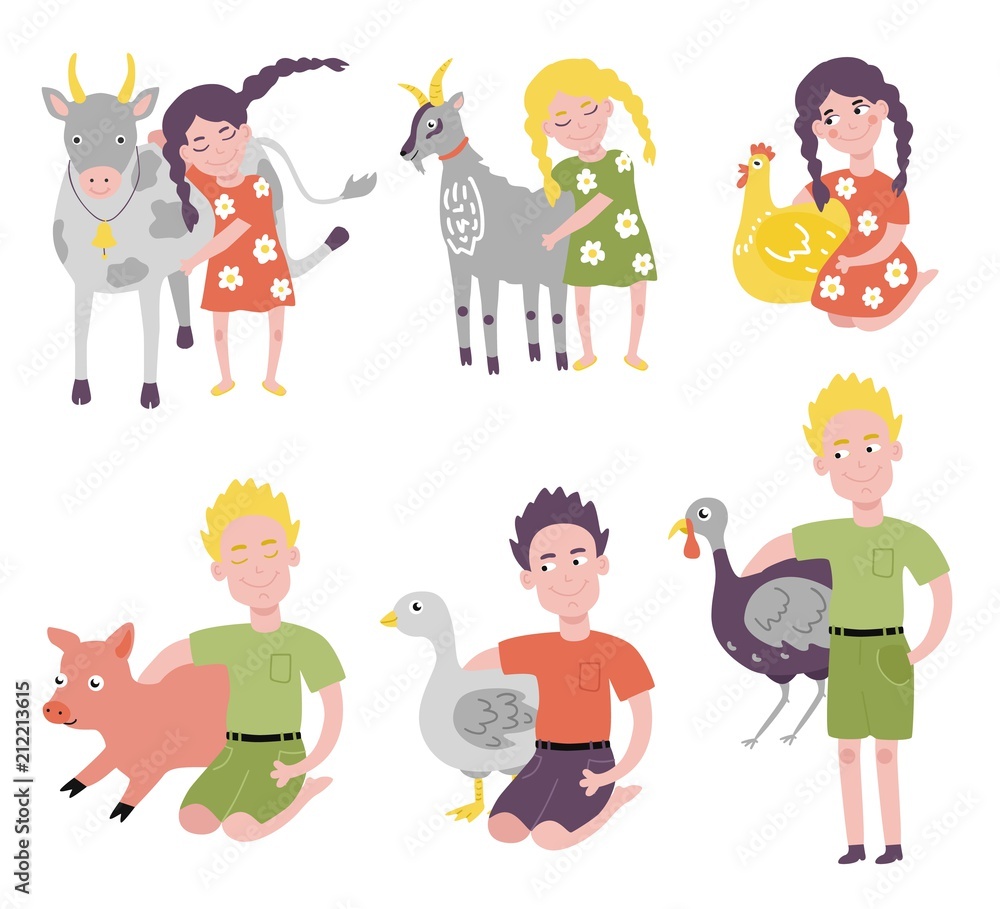 Flat teen girls, boys hugging domestic birds , pets sitting at knees, standing together. Female, male kid character emracing adorable funny animals chickens, cow piglet and goose. Vector illustration Flat teen girls, boys hugging domestic birds , pets sitting at knees, standing together. Female, male kid character emracing adorable funny animals chickens, cow piglet and goose. Vector illustration