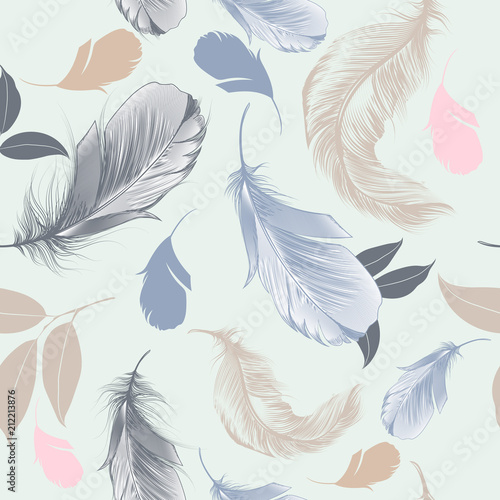 Feather vector pattern with hand drawn feahters and leves for design