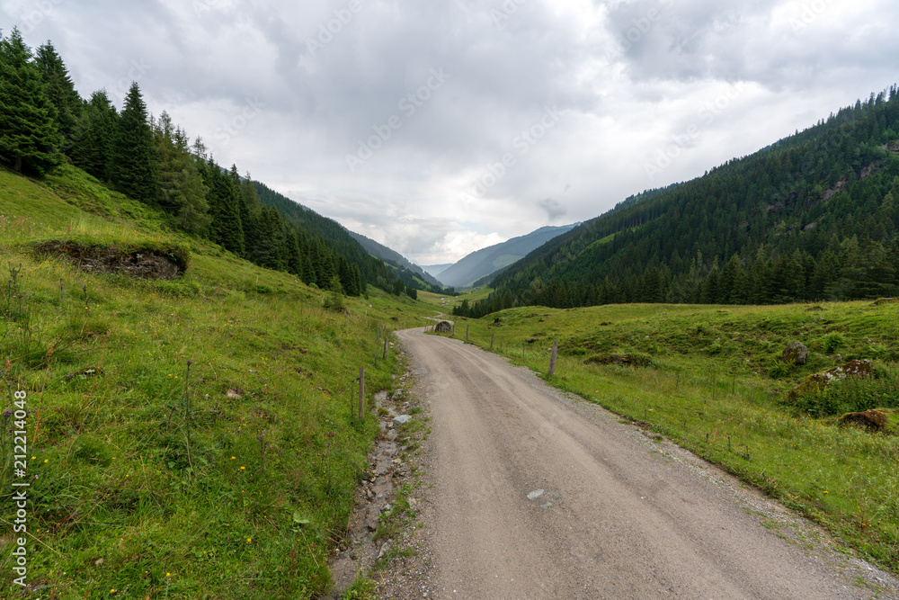 Schotterweg der durch ein weites hügeliges Tal mit Wälder und Wiesen führt