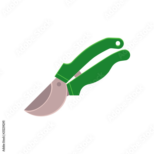 Hand secateurs - green gardening and farming tool for pruning flowers or branches of trees and shrubs isolated on white background. Pruners for plant care in vector illustration.