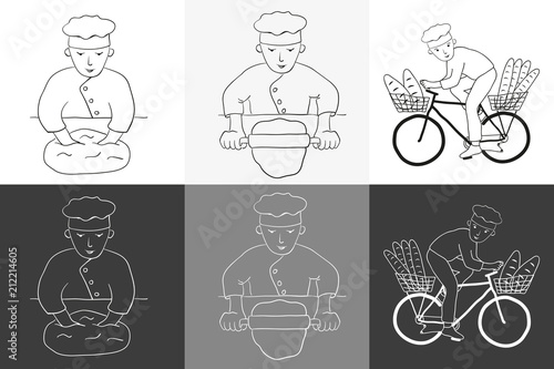 Happy bakers making bread. Delivery of bread on bicycle. Loaf, bread, pizza, patty. Hand drawn in cartoon style.
