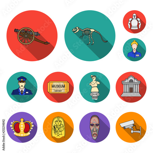 Museum and gallery flat icons in set collection for design. Storage and exhibition of showpiece vector symbol stock web illustration.