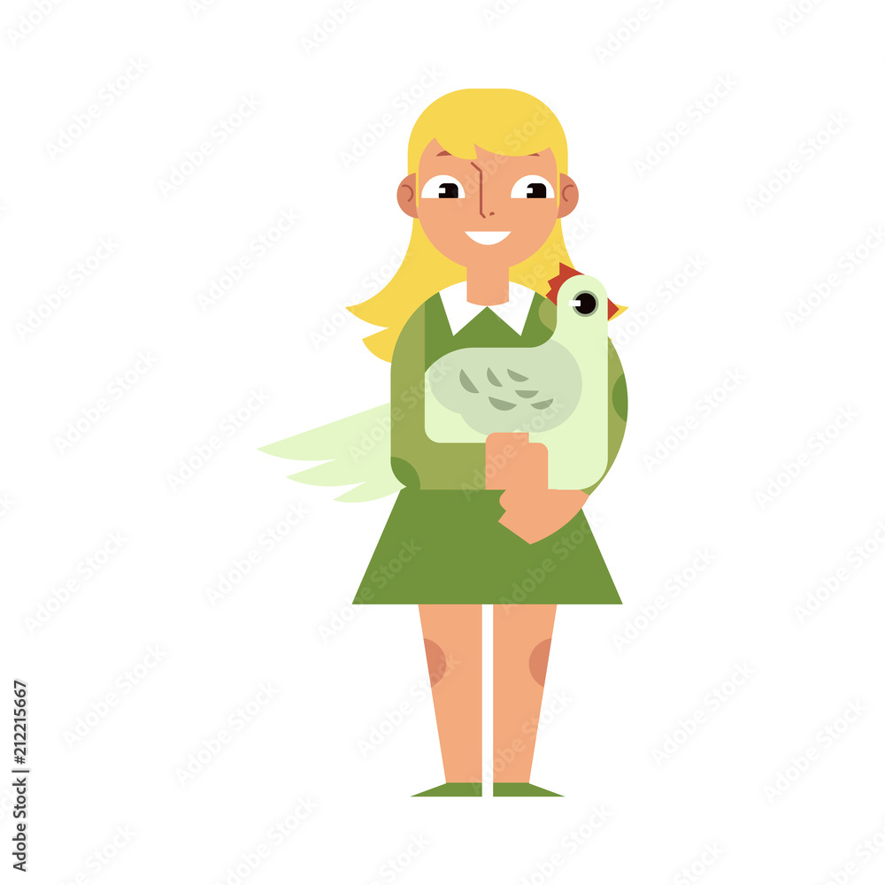 Kid girl hugging chicken with love - flat cartoon character of caucasian child embracing domestic hen isolated on white background. Vector illustration of caring for farm birds. Kid girl hugging chicken with love - flat cartoon character of caucasian child embracing domestic hen isolated on white background. Vector illustration of caring for farm birds.