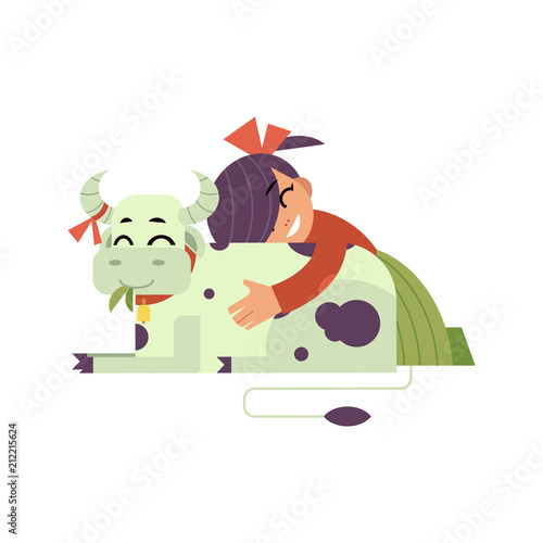 Kid girl hugging spotted cow with love - flat cartoon character of caucasian child embracing domestic farm animal isolated on white background. Vector illustration of caring for village animals.